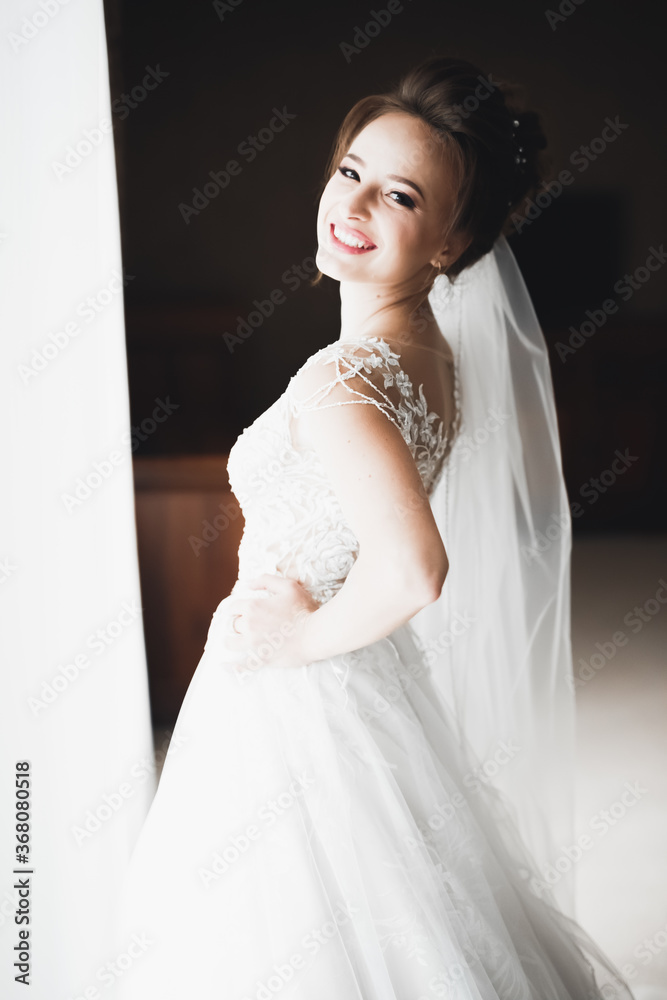 Gorgeous bride in robe posing and preparing for the wedding ceremony face in a room Gorgeous bride in robe posing and preparing for the wedding ceremony face in a room