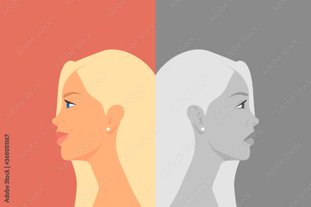 Beautiful Young Woman with Bipolar Disorder. Cheerful and Sad, Happy and Unhappy. Two-face Woman Showing Two Different Moods: Euphoria and Depression. Vector Cartoon in Flat Style. Side View