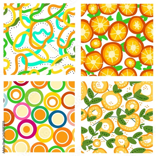 Set of bright summer patterns. Seamless backgrounds for posters, parties, typographic products. Orange circles, oranges, colored stripes