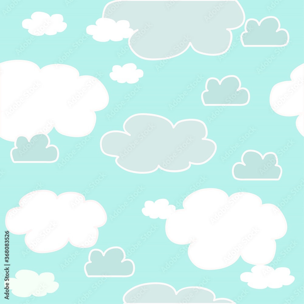 White clouds on a blue background, seamless pattern, vector drawing,  cloudy sky