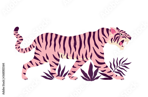 Tiger and tropical leaves. Trendy vector illustration.