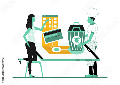 Concept of ordering organic food online. Limited color palette. Flat vector illustration.