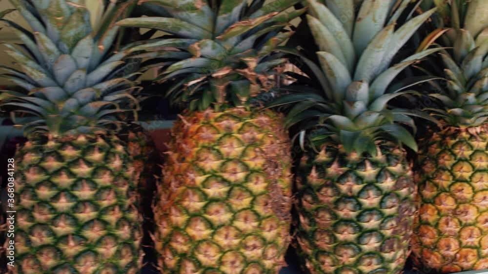 Close up of juicy ripe pineapples in a row sell in a fruit shop on tropical island. The camera moves along. Colorful background. Close up of juicy ripe pineapples in a row sell in a fruit shop on tropical island. The camera moves along. Colorful background.