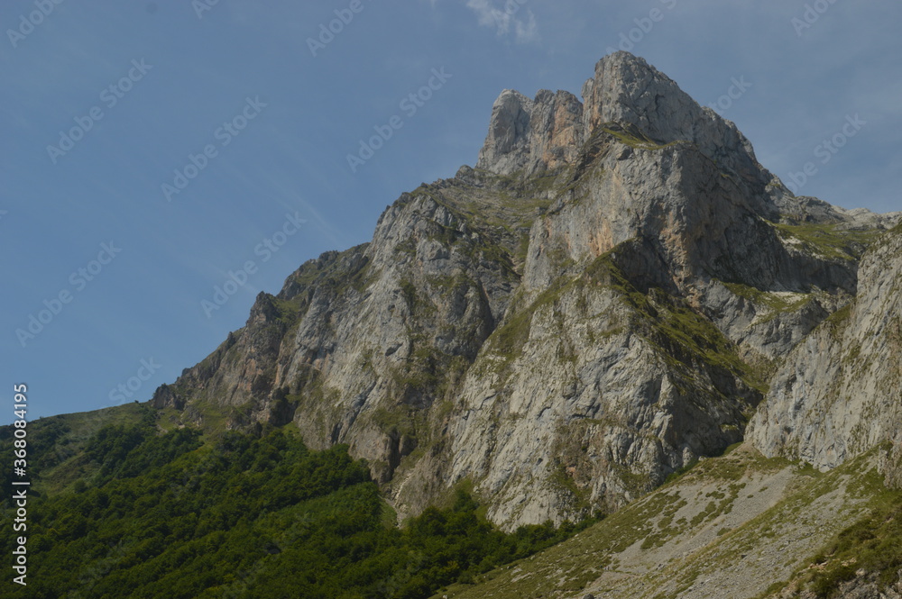 The dramatic landscape in the Picos de Europa mountains in Cantabria and Castile and Leon in Spain