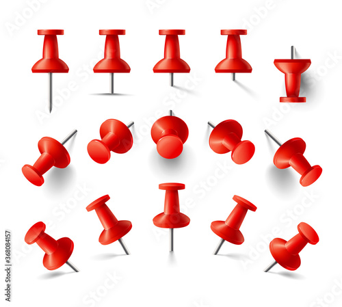 Collection of various red thumbtack. Different angle view. Realistic pins vector set. Vector illustration isolated on white background.