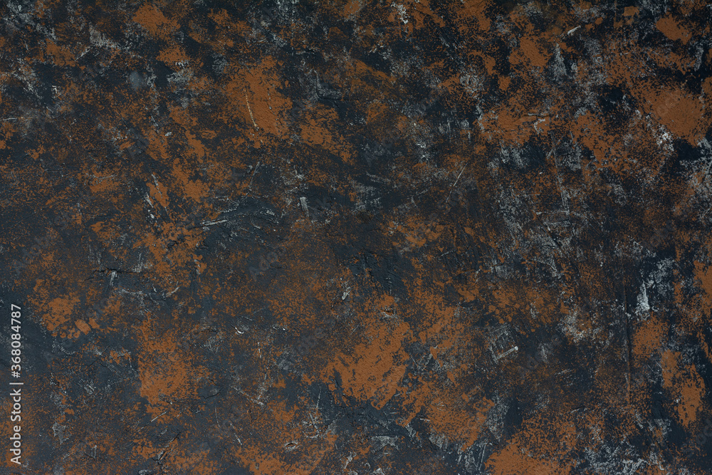 The concrete background looks like an old rusty baking sheet. Concrete wall background is black and brown. Background with black and brown spots