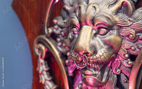 Close up to a golden Iron Lion shiled iluminated with pink light and a septum piercing jewel . Interior design, ornaments, tattoo and piercing concept