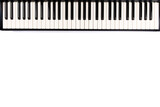 the full keyboard of 61 keys of an electronic piano keyboard on a white background