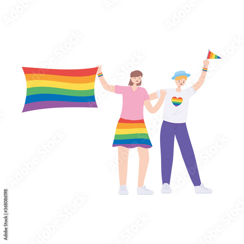 LGBTQ community, people with clothes and flags rainbow color, gay parade sexual discrimination protest
