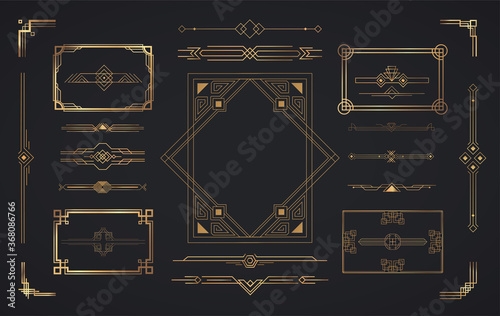 Set of Art Deco elements. Vector elements of geometric golden label frame, gold frames, vintage antique elegant design set.