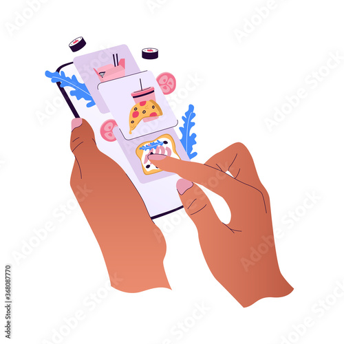 Hands holding smartphone with food delivery service application. Fast food delivery service.
