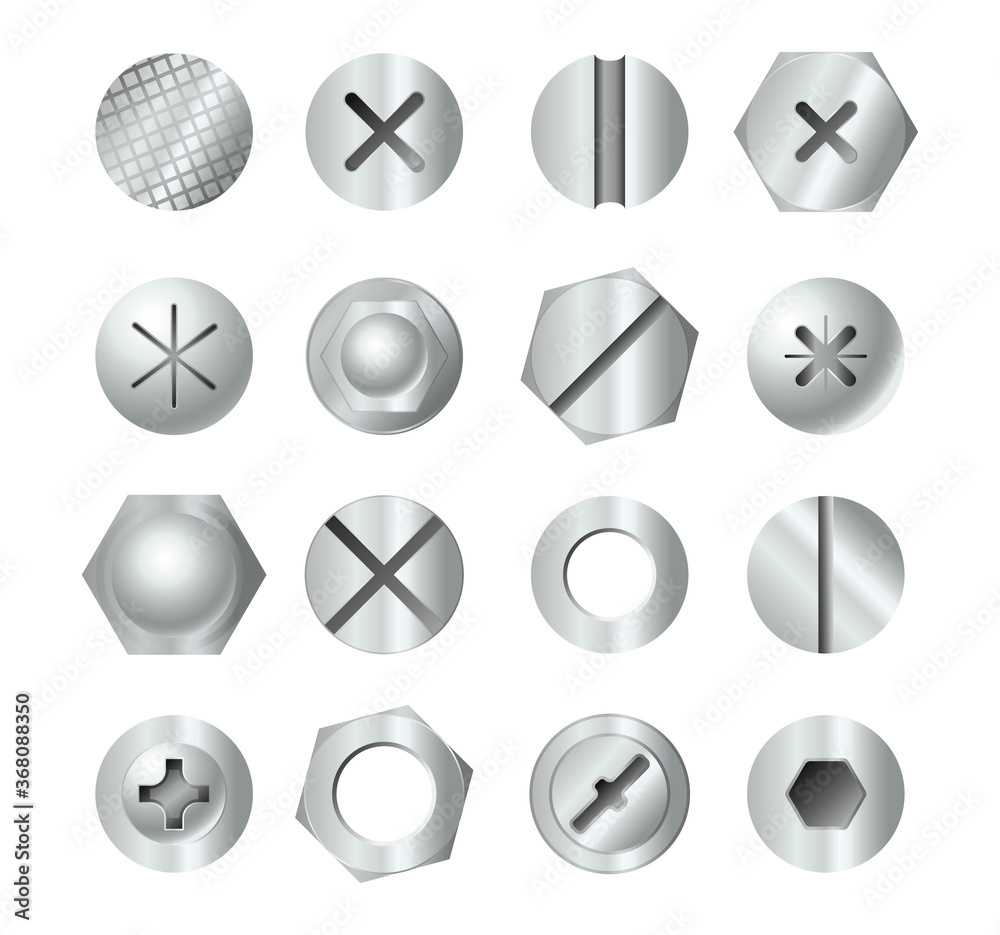 Metal bolt heads. Set of different screw heads types isolated on white background. Industrial top view bolts, screws, nails, rivets. Metal bolt heads. Set of different screw heads types isolated on white background. Industrial top view bolts, screws, nails, rivets.