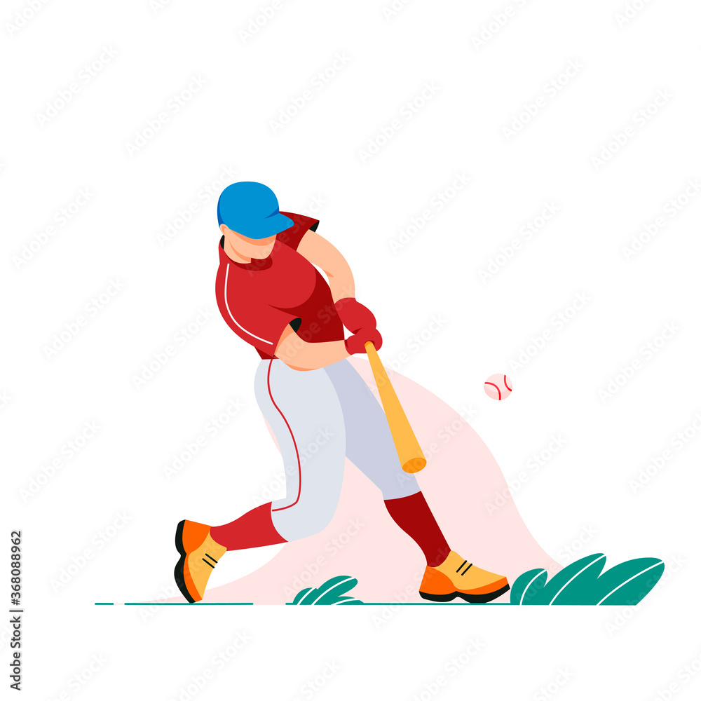 Obraz premium Baseball player isolated on white in trendy flat style. Athlete in motion. Batman hitting the ball.