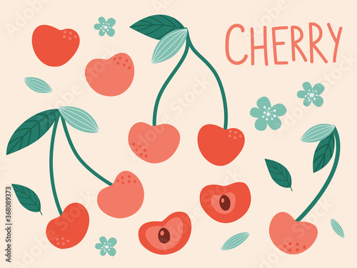 Isolated red cherries. Trendy hand-drawn vector cherry berries on a soft background.