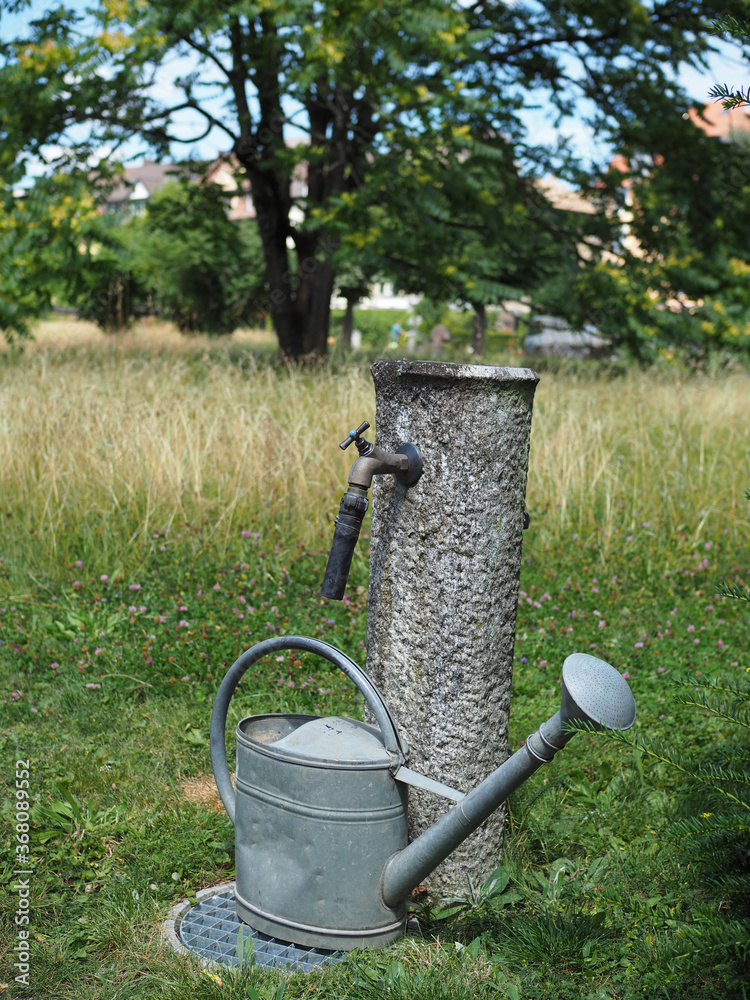 un arrosoir ancien en métal dans un jardin un arrosoir ancien en métal dans un jardin