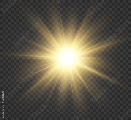 Yellow glowing light burst explosion with transparent. Vector illustration for cool effect decoration with ray sparkles. Bright star. Transparent shine gradient glitter, bright flare. Glare texture.