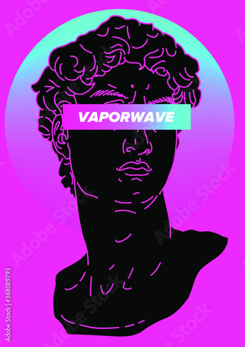 Vaporwave style collage with classical bust sculpture. Cool trendy print for t-shirt, wall poster, notebook cover. 