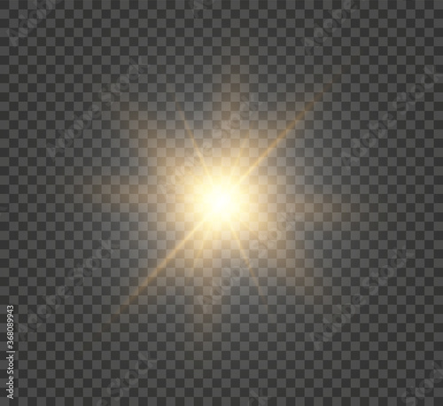 Yellow glowing light burst explosion with transparent. Vector illustration for cool effect decoration with ray sparkles. Bright star. Transparent shine gradient glitter, bright flare. Glare texture.