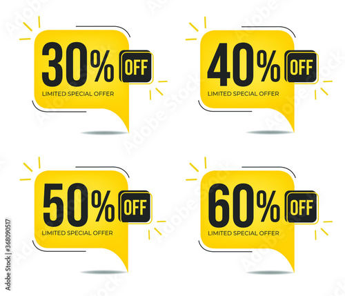 30%, 40%, 50% and 60% off. Set of tag discounts. Banner with four yellow square balloons with special offers vector.