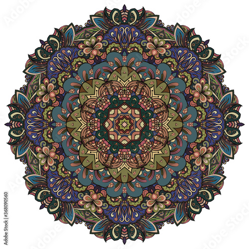 Mandala, tracery wheel mehndi design. Ethnic ornament, colorful doodle symmetry texture. Folk traditional spiritual tribal design. Curved shape, isolated on white. Color art. Vector