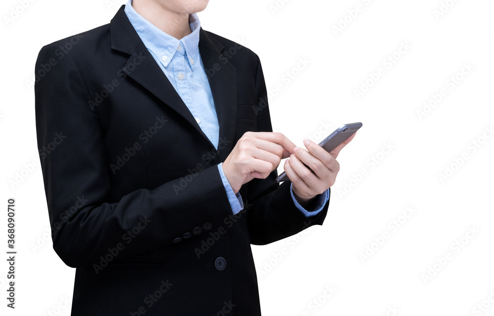 Smart business women play a smartphone isolate on white background. Elegant Design with Space for placement your wording, graphic and template for business concept Smart business women play a smartphone isolate on white background. Elegant Design with Space for placement your wording, graphic and template for business concept
