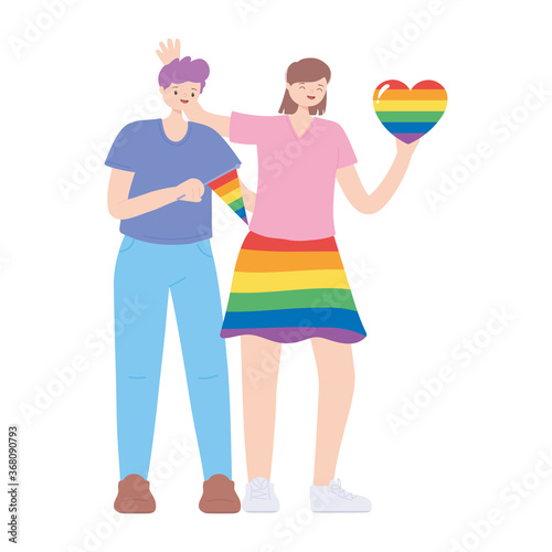 LGBTQ community, lesbian with skirt and heart rainbow and man with flag, gay parade sexual discrimination protest