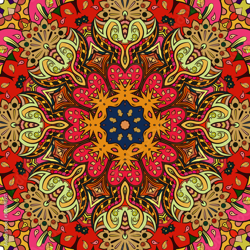 Seamless tracery tile mehndi design. Ethnic ornament, colorful doodle symmetry texture. Folk traditional spiritual tribal design. Curved doodling motif. Color art. Vector