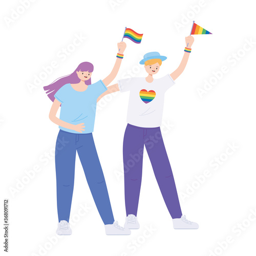 LGBTQ community, young people with flags and heart rainbow, gay parade sexual discrimination protest