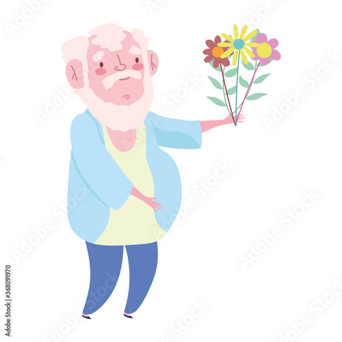 happy grandparents day, old grandfather with bunch flowers cartoon