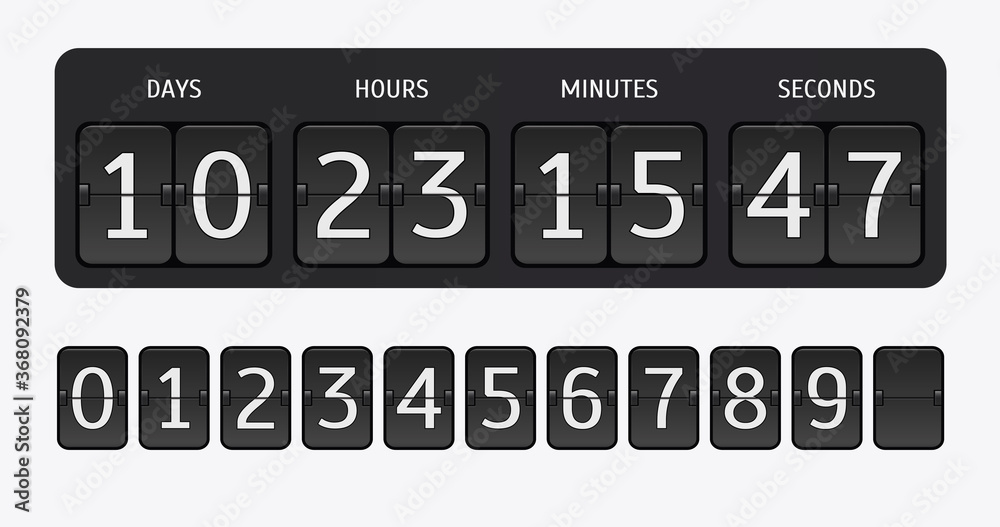 Flip countdown timer. Vector time remaining count down flip board with scoreboard of day, hour, minutes and seconds. Flip countdown timer. Vector time remaining count down flip board with scoreboard of day, hour, minutes and seconds.