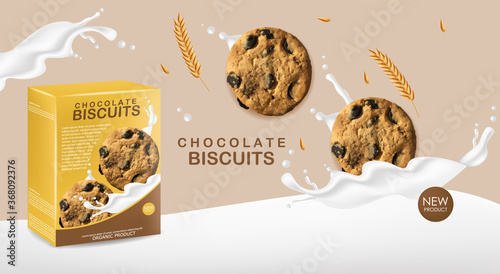 Realistic biscuits packaging with splash milk, delicious cookies with chocolate, sweet dessert, vector illustration, packaging mockup, 3d box 