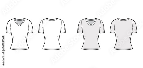 V-neck jersey t-shirt technical fashion illustration with short sleeves, close-fitting shape. Flat sweater apparel template front, back white grey color. Women, men, unisex outwear top CAD mockup