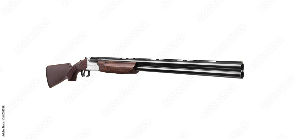 Weapons for sports and hunting. Classic double-barrell smooth-bore hunting rifle isolated on white back