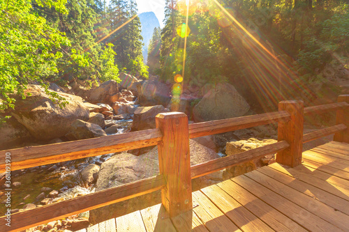 Tableau sur toile Vernal Falls bridge of Merced River with rainbow on John Muir trail in Yosemite National Park
