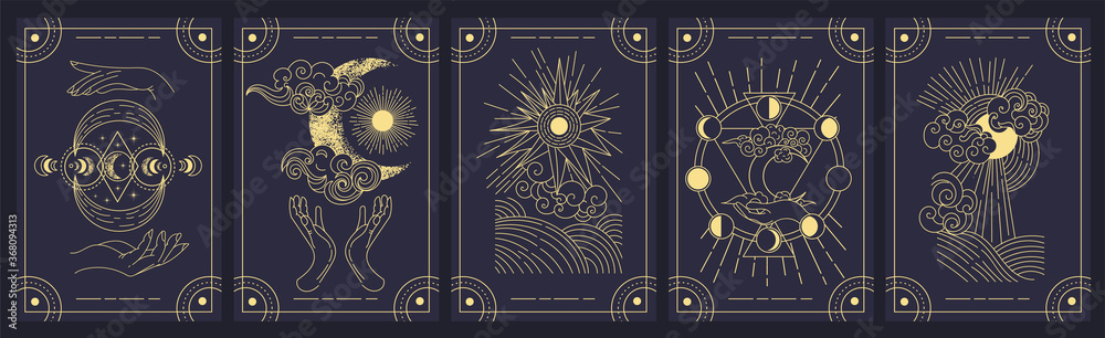 Obraz premium Set of five mystery cards in black and gold with intricate designs over a black background, colored vector illustration