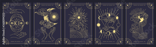 Stampa su tela Set of five mystery cards in black and gold with intricate designs over a black