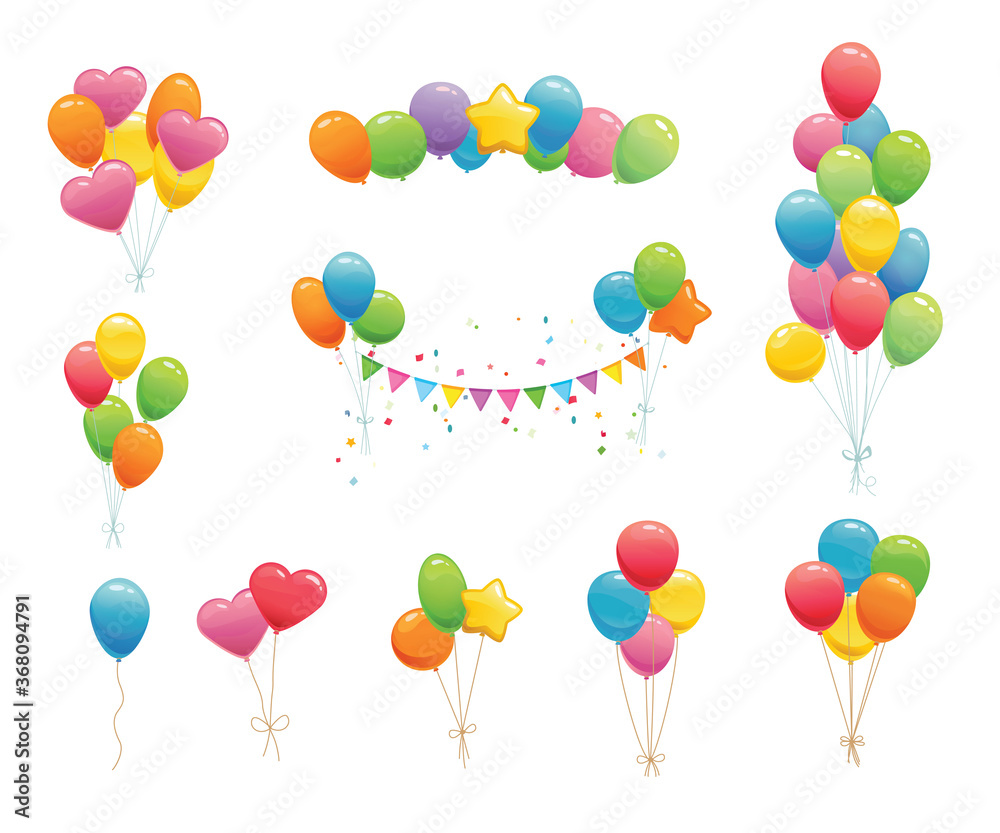 Cartoon birthday balloons. Party decorations for birthday, anniversary, celebration, event design,wedding. Vector flat design