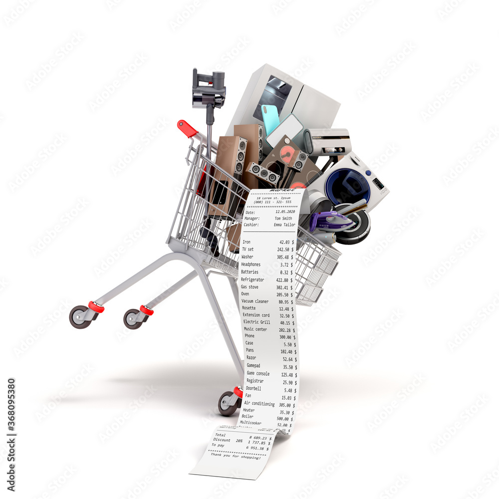 Home appliances in the shopping cart internet commerce or online shopping concept 3d render on whire Home appliances in the shopping cart internet commerce or online shopping concept 3d render on whire