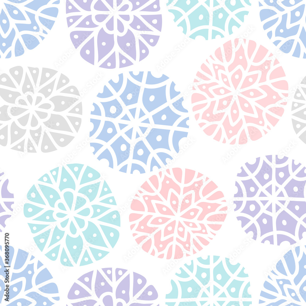 Vector seamless vintage pattern of circular shape pink snowflakes on light blue