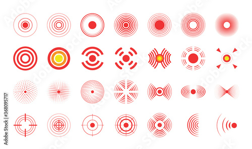 Pain circles. Vector set of medical icons to illustrate radial target problems. Red painful target spot, targeting medication remedy circle and joint pain spots.
