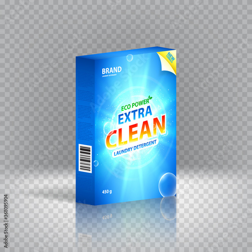 Realistic box of laundry detergent. Vector illustration. Concept of packaging and advertising of laundry detergent isolated on checkered background.
