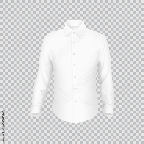 Realistic white shirt template. 3D realistic vector illustration. Front view on white shirt isolated on checkered background.