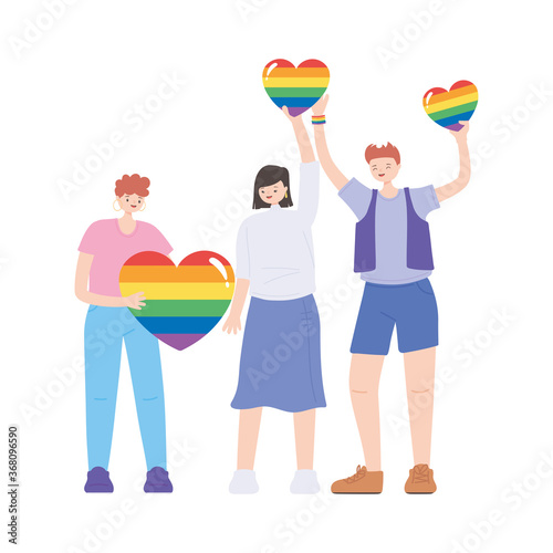 LGBTQ community, diverse group with rainbow hearts, gay parade sexual discrimination protest