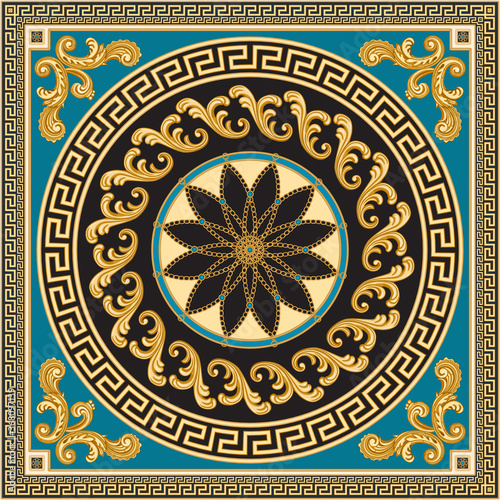 Vector shawl print on a beige and black background.Fashionable pattern from gold chains, Greek meanders, Baroque scrolls, turquoise gem. 7 pattern brushes in the brush palette for bandana, carpet, mat