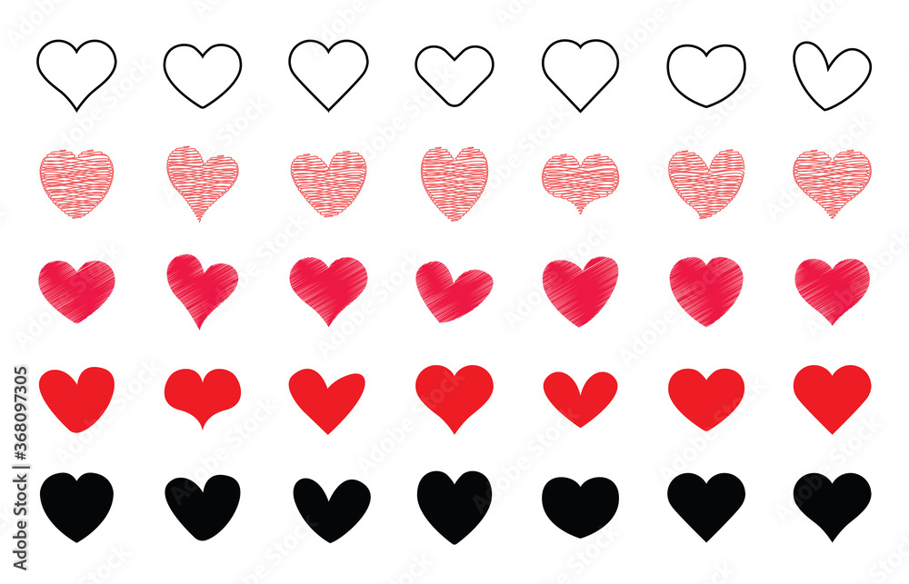 Heart shapes. Icons of loving hearts and lovely romance outline symbols.