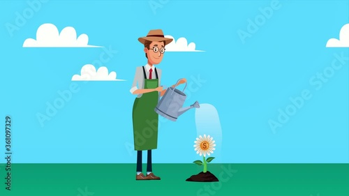 elegant gardener businnessman with sprinkler and coin plant character photo