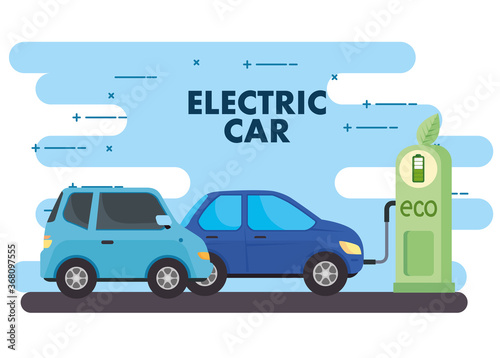 electric vehicles cars in charging station road vector illustration design