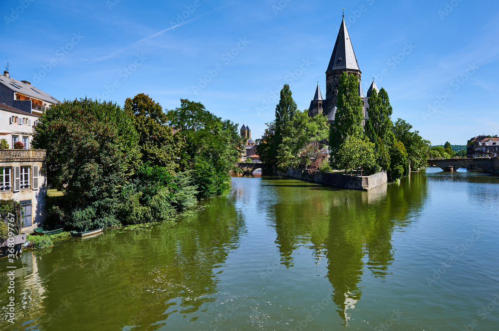 View at -Le Temple Neuf- in Metz, along the river Moselle in France