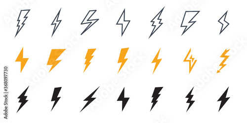 Lightning icon. Simple icon storm or thunder and lightning strike. Set of icons representing lightning bolt, lightning strike or thunderstorm.
