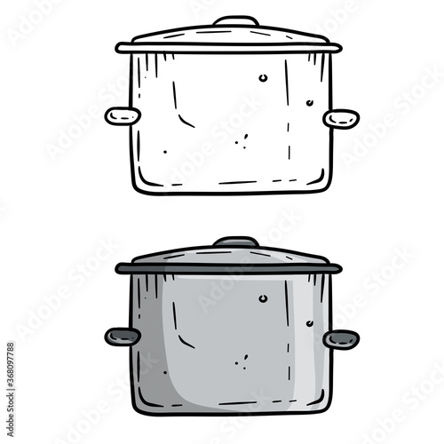 Cartoon Pan. Grey steel cookware. Drawn vector illustration. Big utensil with lid for boiling water. Kitchen element and soup preparation